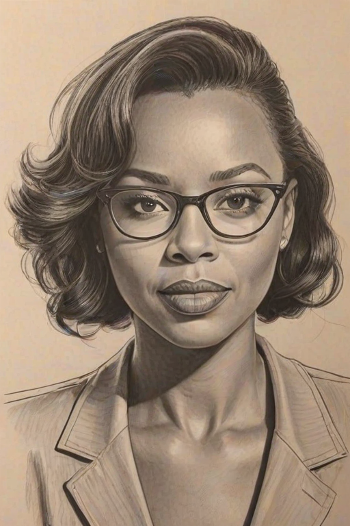 Bewitching Aisha Tyler, pencil sketch, portrait of Gorgeous woman 1942s in glasses, hair style beatnik, outline, clear lines, fine lines, 8k