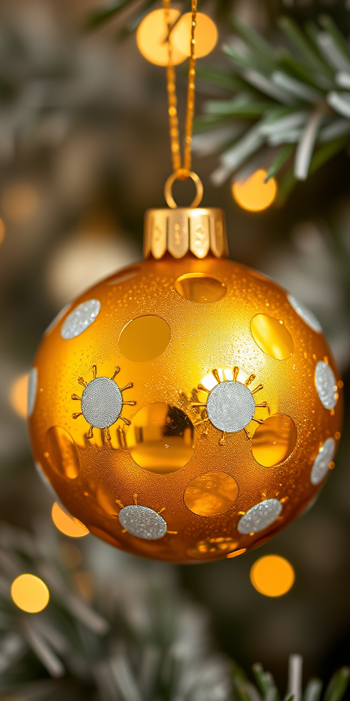 Create a high-resolution image of a golden Christmas ornament with shiny silver polka dots, using a Canon EOS 5D Mark IV, 50mm lens, f/2.8 aperture, ISO 100, in a soft-focus background to enhance the ornament's details and reflections.