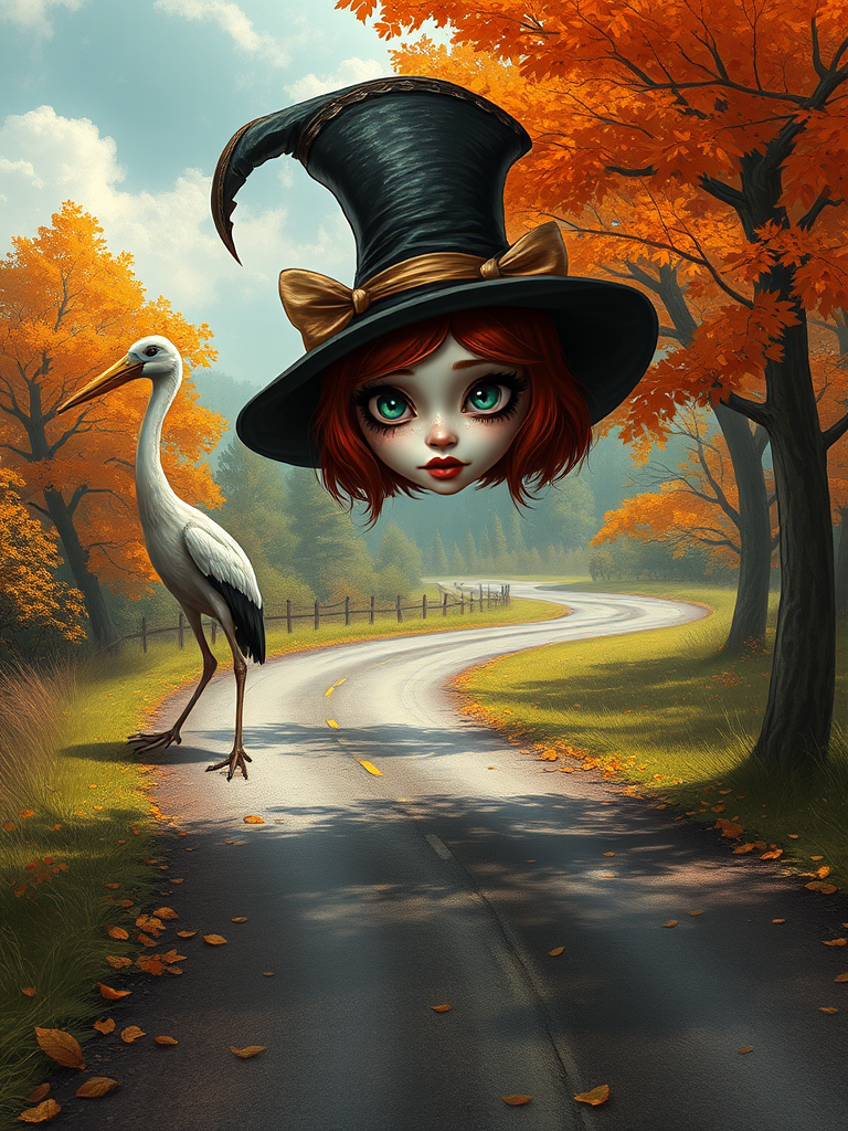 digital art fantasy depicting a strange girl with red hair, long eyelashes, brown lipstick and a tall hat walking along a winding road on an autumn afternoon, an Stork smiles as she passes