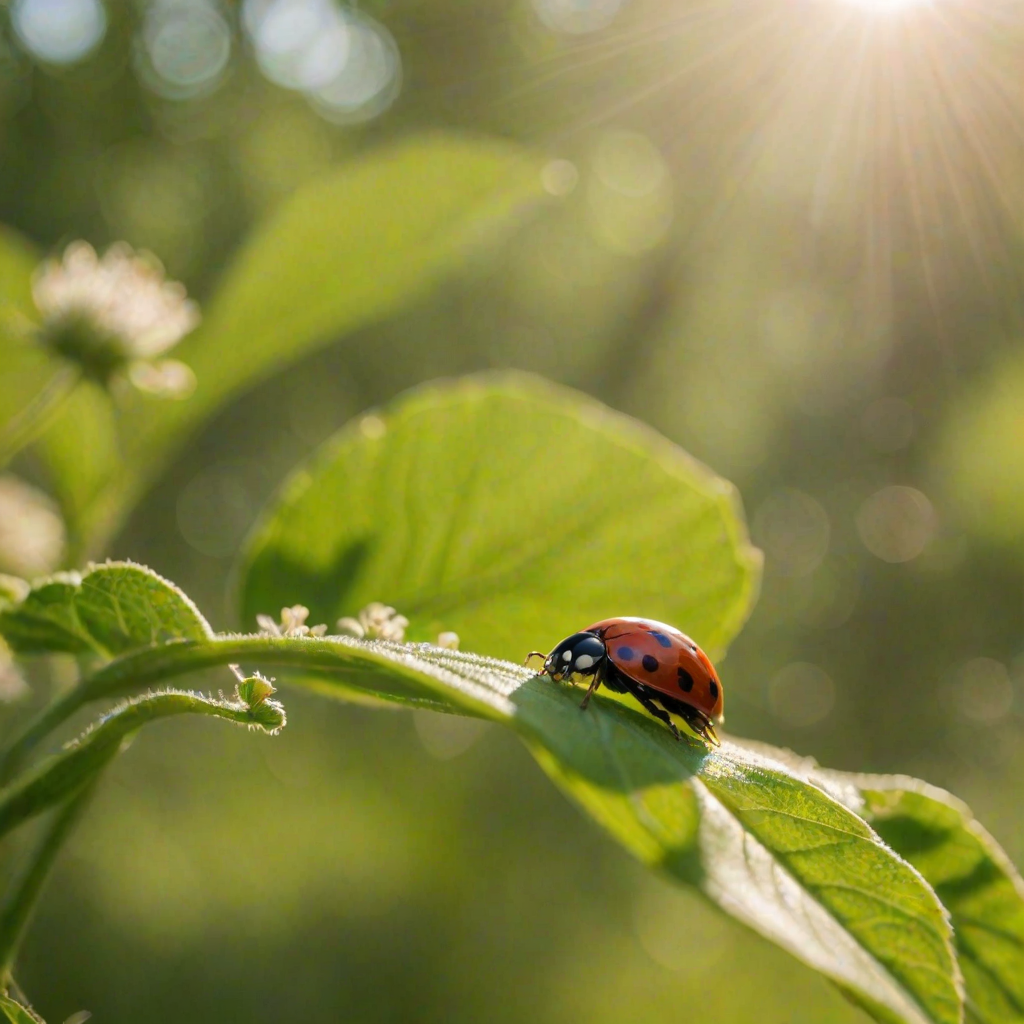Softly focused close-up of a ladybug crawling on a vibrant green leaf, soft sunlight filtering through the trees, with distant wildflowers and a peaceful meadow blending into the background.