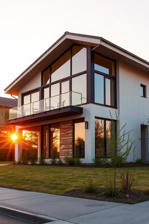 Generate a high-quality image of a modern house with a sloping roof and large windows during golden hour using a DSLR camera with a 35mm lens, aperture f/8, ISO 100, 1/200s shutter speed, with a wide-angle view to capture the entire structure.