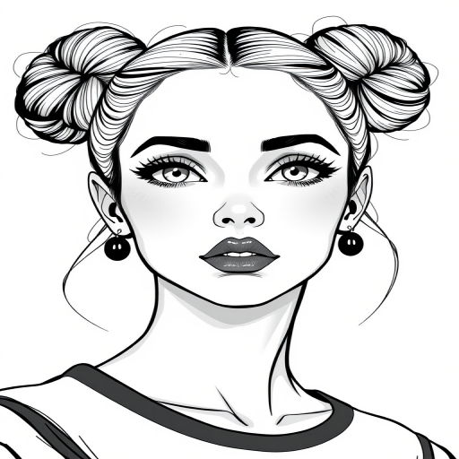 Generate a high-resolution illustration of a woman with two whimsical hair buns, featuring detailed lines and patterns in black and white, using a digital art style with soft shading, shot in a close-up perspective, with a focus on facial features and expression, using a Canon EOS R5, f/8 aperture, ISO 100, and a 50mm lens.