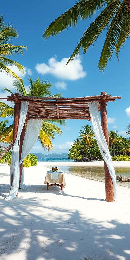 Create a picturesque tropical beach scene featuring a serene, white sandy shore. In the foreground, there's a rustic wooden canopy with white drapes gently flowing in the breeze. Underneath the canopy, a table is set with tropical decor, evoking a sense of relaxation and leisure. The beach extends into a calm, shallow water area with reflections of the sky and surroundings. Palm trees and lush greenery line the edge of the beach, providing a natural, tropical backdrop. The sky is clear with a few scattered clouds, and the overall atmosphere is tranquil and inviting, perfect for a peaceful retreat.