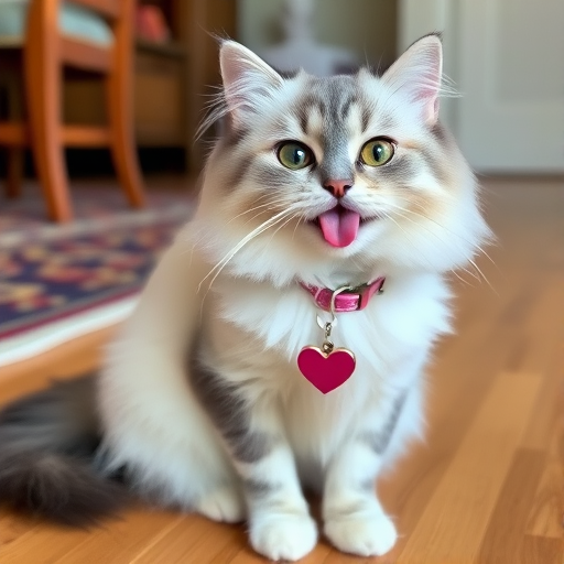 A fluffy white cat with gray markings sitting on a wooden floor sticking its tongue out wearing a pink collar with a heart-shaped tag in a cozy indoor setting with a rug in the background.