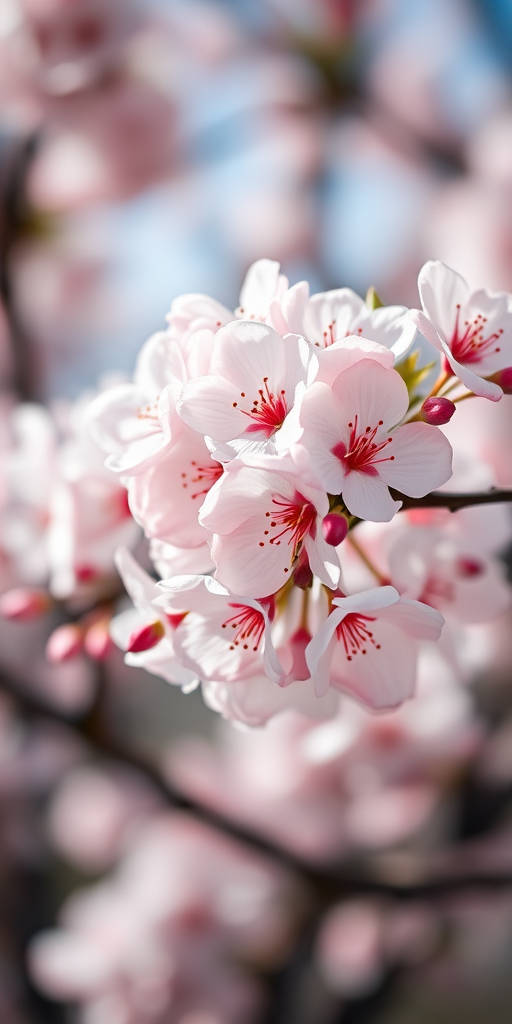 Close-up of cherry blossoms in soft focus, using a Canon EOS R5 with a 50mm f/1.2 lens, aperture set to f/2.8, ISO 100, 1/200 sec shutter speed, natural lighting.