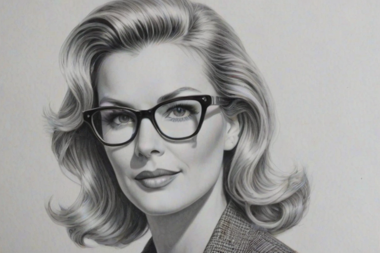 Pleasing Katherine Kelly Lang, pencil sketch, portrait of Lovely woman 1954s in glasses, hair style beatnik, outline, clear lines, fine lines, 8k