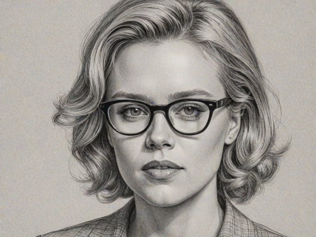 Resplendent Kate McKinnon, pencil sketch, portrait of Splendid woman 1962s in glasses, hair style beatnik, outline, clear lines, fine lines, 8k