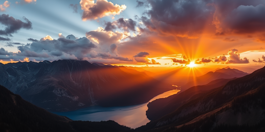 A breathtaking view of mountains at sunset with dramatic cloud formations and sun rays illuminating a serene lake, captured with a Canon EOS 5D Mark IV, 24mm lens, aperture f/8, ISO 100, and a panoramic shot to enhance depth and detail.