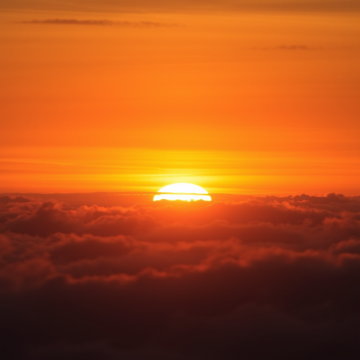sunset over clouds with sun peeking through, warm tones, soft focus, ISO 100, f/11, 1/200s, taken with a DSLR, wide angle lens, golden hour lighting