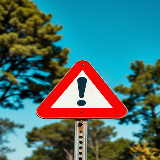 Create a high-resolution image of a triangular warning sign with a red border and a black exclamation mark in the center, using a DSLR camera, aperture set to f/8, ISO 100, shooting in landscape orientation, natural lighting for enhanced clarity and detail.