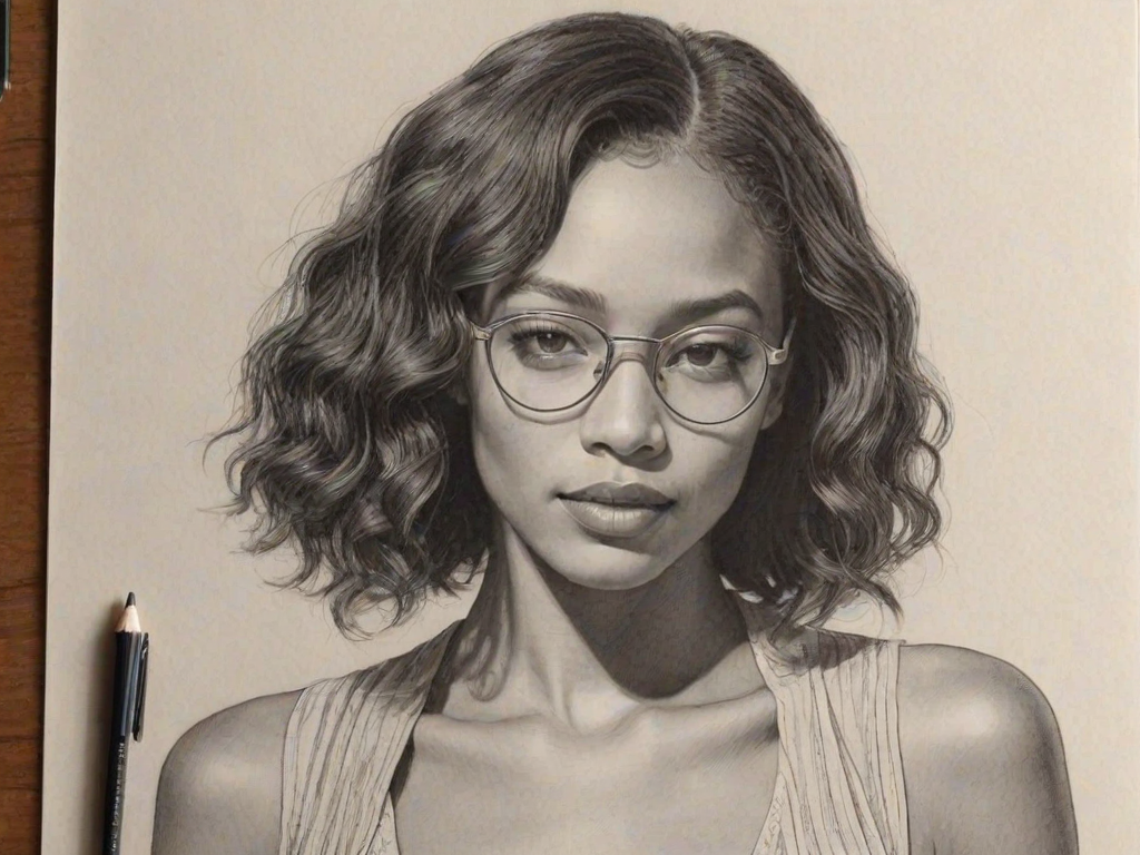 Alluring Kylie Bunbury, pencil sketch, portrait of Exquisite woman 1924s in glasses, hair style beatnik, outline, clear lines, fine lines, 8k