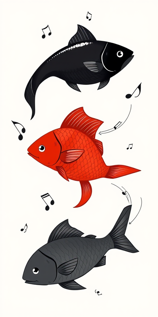 Create an illustration of three stylized fish in a flowing arrangement, the top fish in black, the middle fish in red, and the bottom fish in dark gray, music notes around them, use a digital drawing style, high resolution, with a 50mm lens, aperture f/2.8, and soft lighting effect.