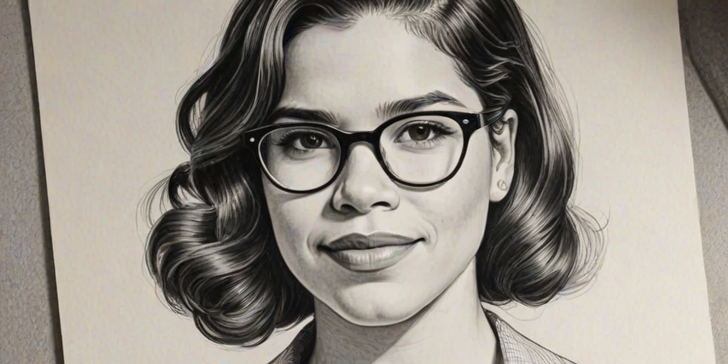 Sublime America Ferrera, pencil sketch, portrait of Enticing woman 1946s in glasses, hair style beatnik, outline, clear lines, fine lines, 8k