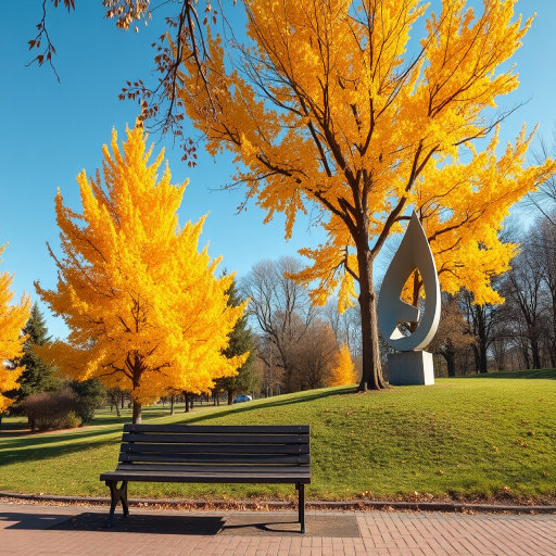Generate a vibrant autumn landscape scene featuring golden ginkgo trees, a park bench, and a modern sculpture on a clear blue sky day, captured with a Canon EOS R5, 35mm lens, f/8 aperture, ISO 100, and a soft focus for depth.