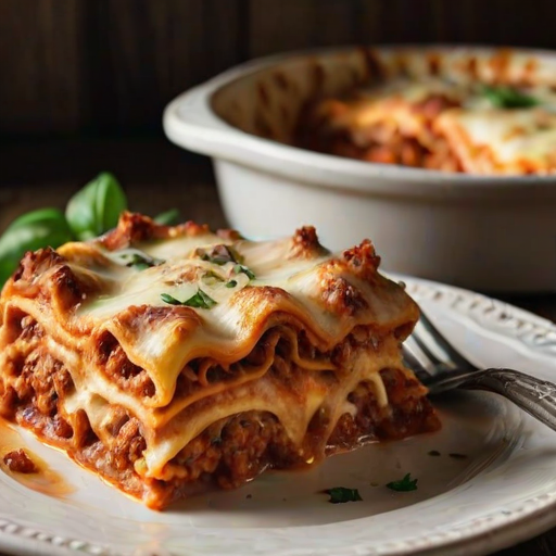 Warmly lit photo of a delicious homemade lasagna in a ceramic dish, soft cheese bubbling on top, with a fork resting beside it on a rustic wooden table.