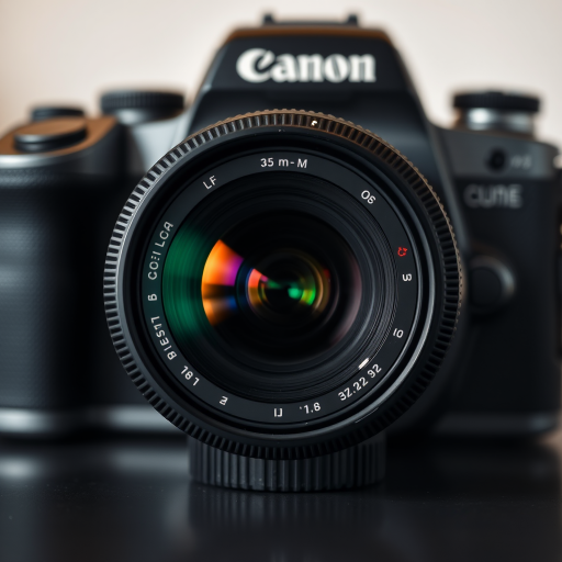 Create a high-resolution image of a camera lens with a 35mm focal length, f/2.8 aperture, using a DSLR camera with a 50mm lens, shot from a front view at a 45-degree angle, with soft lighting to enhance reflections and details.