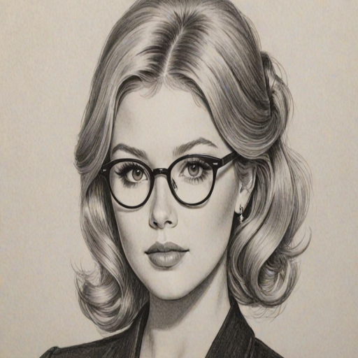 Delightful Renee Olstead, pencil sketch, portrait of Charming woman 1965s in glasses, hair style beatnik, outline, clear lines, fine lines, 8k
