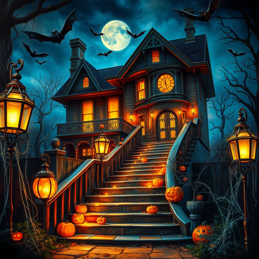 airbrushed oil painting, halloween theme, a haunted house, stairs, highly decorated, illuminated, lanterns, jack o'lantern, bats, webcobs