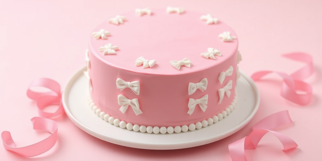 Create an image of a round cake with a smooth pink icing finish decorated with small white bows arranged in a grid pattern on the sides. The cake is displayed on a white plate with a soft pastel background and a few pink ribbons scattered around.