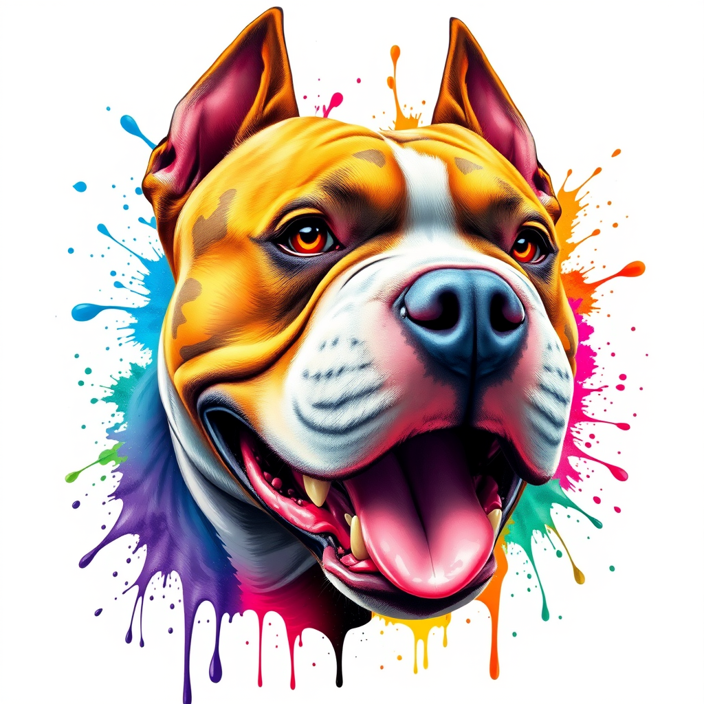 Create a hyper-detailed splash art of an American Bully dog's head on a clean white background. The design should include vibrant color splashes and drips in complementary colors, focusing on the tongue and eyes, expressive features and intricate contours. The dog's expression should be intense, almost roaring, and the overall composition should be different positions, feel fantastic and dynamic, as if a part of a digital fantasy artwork would be rendered in an 8k resolution, inspired by a mix of oil painting techniques and a stylized, epic Instagram aesthetic.