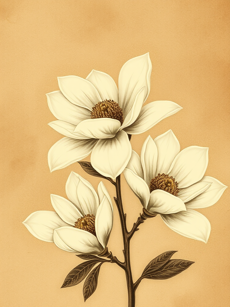 a vintage-style illustration of magnolia flowers on a textured background in sepia tones