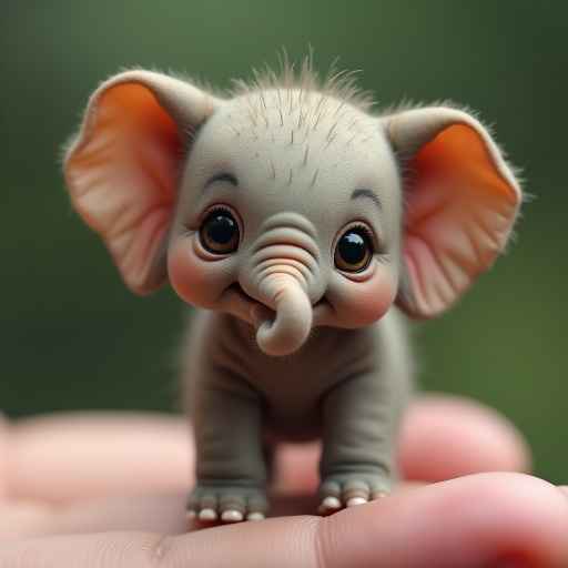 An extremely hyper-realistic elephant, its whole body fits perfectly in someone's finger. The elephant has rare colors and is extremely adorable. The elephant is extremely cute, making it eye-catching when enlarged. And standing on 2 legs