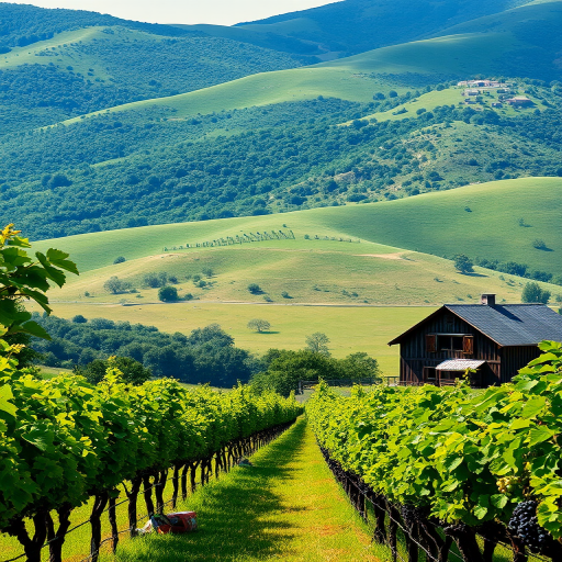 Scenic vineyard during harvest, with workers picking grapes, lush green hills in the background, and a rustic barn adding charm to the landscape.
