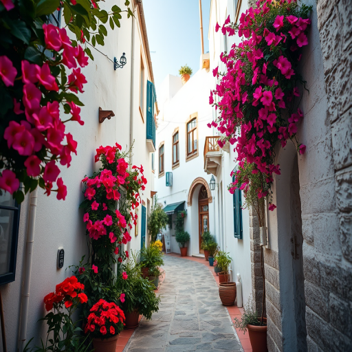 Regenerate an image of a narrow, charming alleyway with whitewashed buildings and colorful flowers, shot with a DSLR camera at f/8 aperture, ISO 100, with a 24mm lens, using natural light, emphasizing depth of field and vibrant colors against a soft focus background.