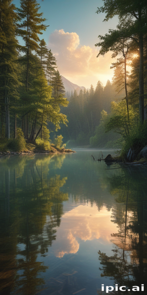 Tranquil Morning Reflections in a Serene Forest Lake at Sunrise