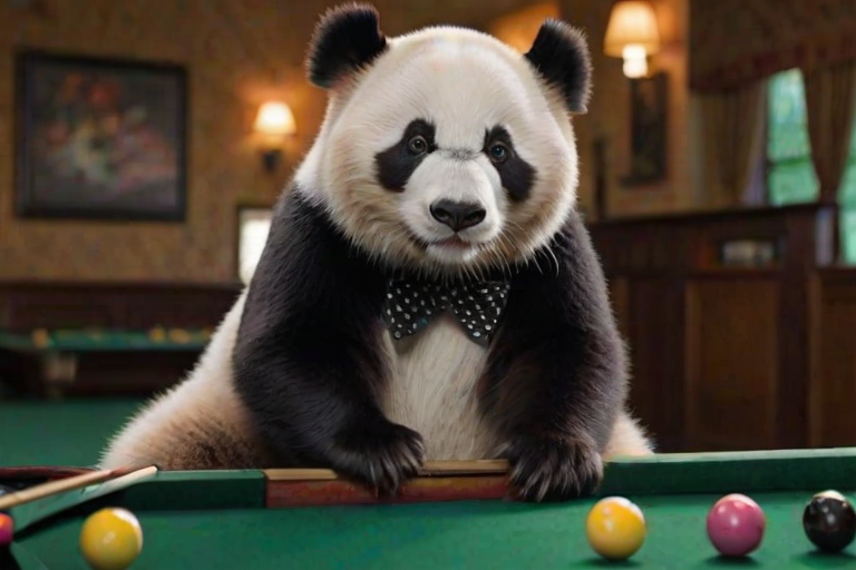 This high-resolution photograph captures a charming panda named Huahua, depicted with her distinctive black and white fur, at a billiards table. Huahua stands on her hind legs, gripping a cue stick with her paws, ready to take a shot. She's wearing a small, stylish vest and bow tie, adding a touch of sophistication to her adorable appearance.
