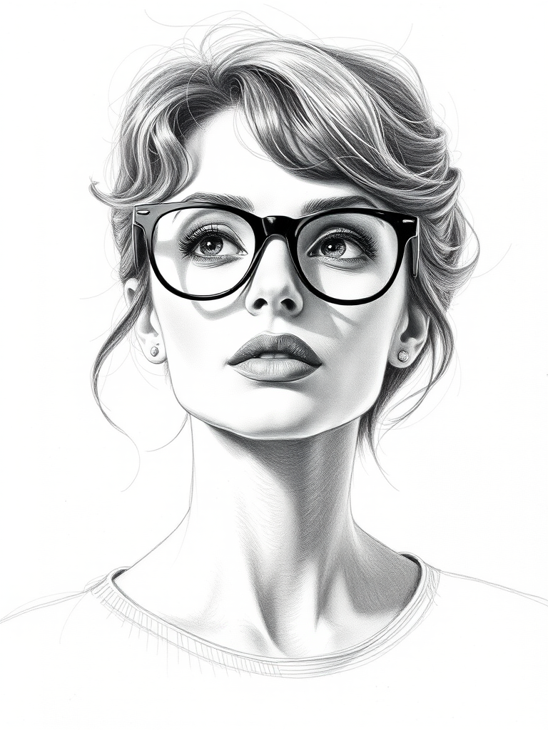 Beautiful Sophia Loren, pencil sketch, portrait of beautiful woman 60s in glasses, hair style beatnik, outline, clear lines, fine lines, 8k