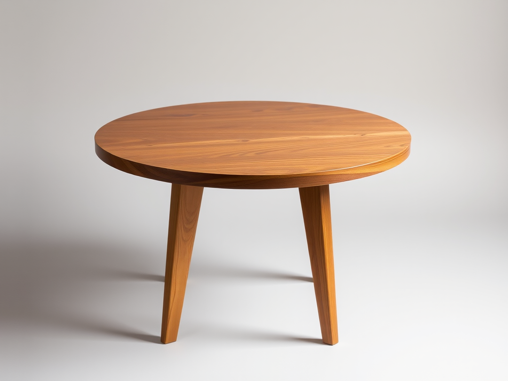 Mid-century wooden round table, centered in frame, soft studio lighting, 50mm lens, f/2.8 aperture, ISO 100, shallow depth of field, high-resolution digital camera, neutral background for contrast.