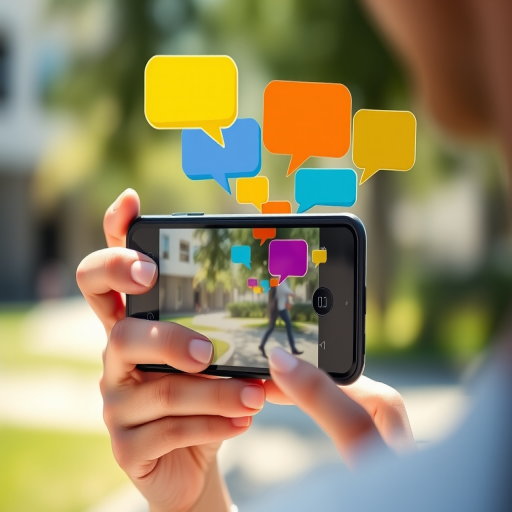 Create an image of a person holding a smartphone with colorful speech bubbles emerging from it, using a Canon EOS R5 camera at f/2.8 aperture, ISO 100, with a 50mm lens, shot from a close-up angle, in bright, natural lighting, and a shallow depth of field to emphasize the phone and speech bubbles.