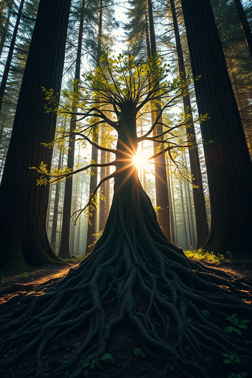 Create an enchanting image of a forest spirit made of tree roots and leaves, backlit by soft sunlight filtering through tall trees, capturing intricate details and a magical atmosphere, shot with a Canon EOS R5 at f/1.4, ISO 100, 50mm lens, in portrait mode.