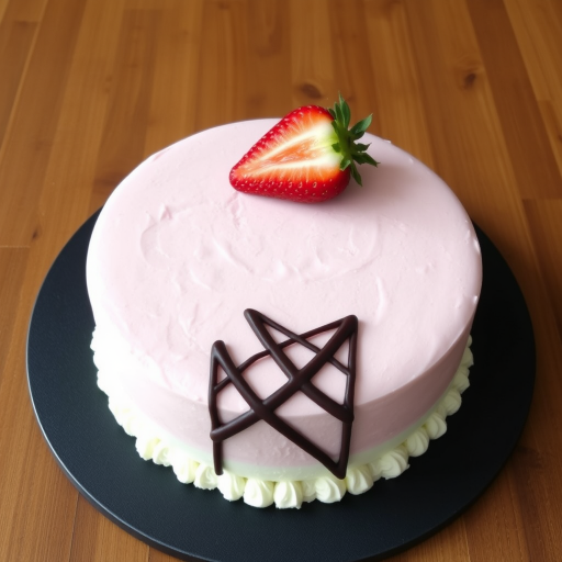 A round cake with a light pink mousse layer on top and a fluffy white base, decorated with a fresh strawberry on the top and a chocolate lattice design. The cake is placed on a dark circular plate and is set on a wooden table.