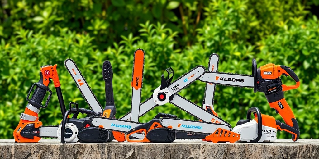 Create a high-resolution illustration of various chainsaws including electric, gas-powered, and handheld models, arranged artistically with green foliage in the background, shot with a DSLR camera at f/2.8, ISO 100, 50mm lens, in bright daylight for enhanced clarity and detail.