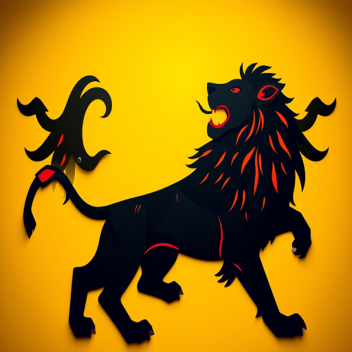 Create an image of a black lion rampant with red accents set against a bright yellow background, capturing it in high resolution at f/11, ISO 100, using a DSLR camera with a top-down view, in a vibrant and dynamic style.