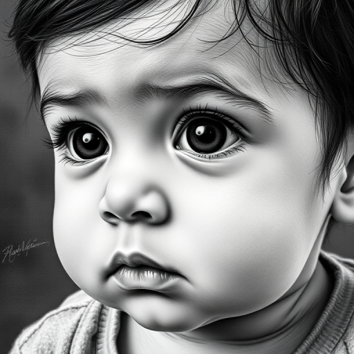 A hyperdetailed photorealistic black and white sketch of a beautiful toddler with deep black eyes, with a macro focus
