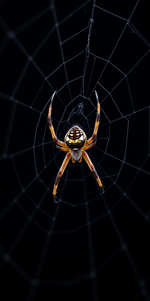 macro shot of a spider on a web against a dark background, aperture f/2.8, shutter speed 1/200s, ISO 100, 85mm lens, tripod mounted, natural lighting, focus on spider details