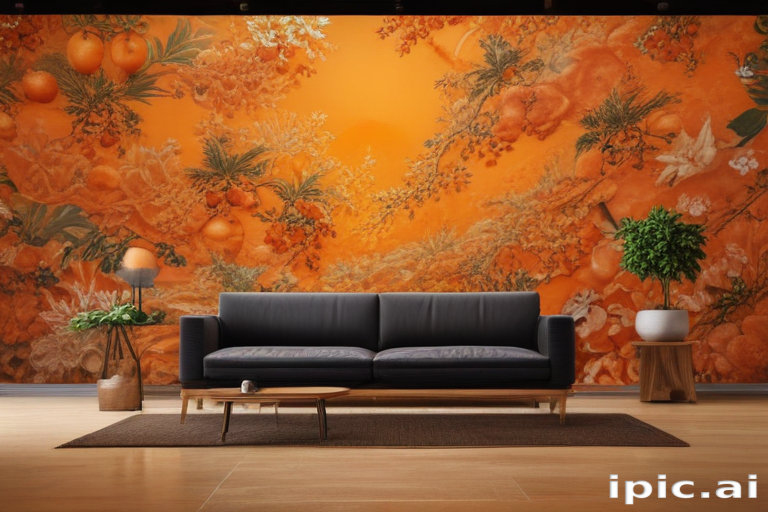 Cozy Living Room with Vibrant Orange Floral Wallpaper and Modern Furniture