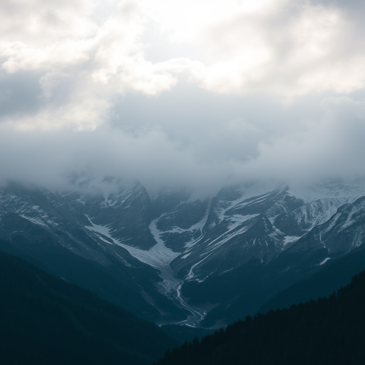 Capture a dramatic mountain landscape shrouded in mist with snow-covered peaks, using a DSLR camera at ISO 100, f/8 aperture, 1/200 sec shutter speed, shot from a low angle to emphasize the grandeur, using a wide-angle lens for enhanced depth.