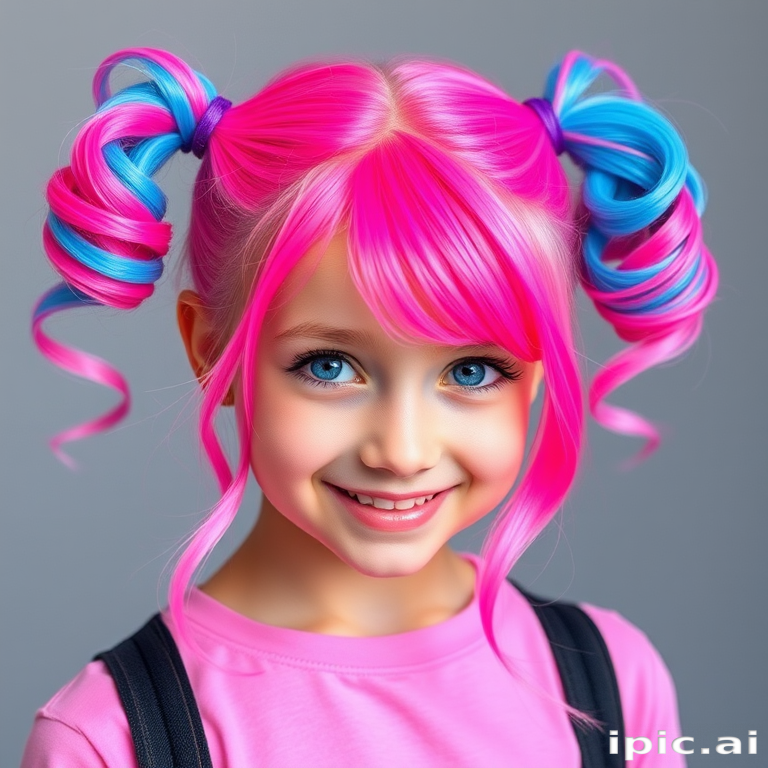 Playful picture of a teen with Bubblegum Pop tresses, a bright pink base with neon blue tips, styled in high pigtails with curled ends