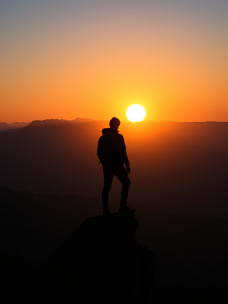 generate an image of a solitary figure standing on a rocky outcrop at sunset with a large sun setting in the background behind a mountain landscape, camera settings: aperture f/8, shutter speed 1/250s, ISO 100, camera view: landscape, camera style: silhouette, camera type: digital DSLR