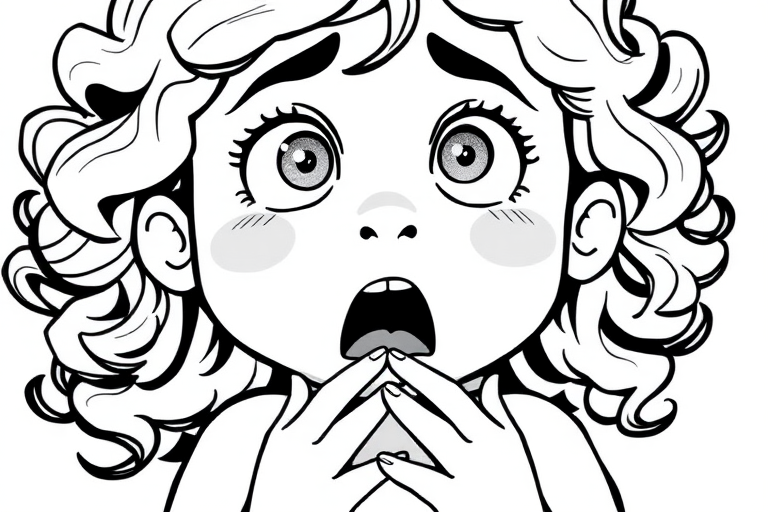 The image is a black and white illustration of a young girl with curly hair. She has a surprised expression on her face with her mouth open and her hands clasped together in front of her chest. Her eyes are wide and her eyebrows are furrowed. Her hair is styled in loose curls that are cascading down her back. The overall mood of the image is one of shock or surprise.