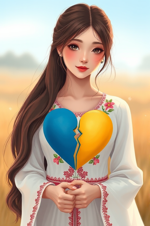 Create an illustration of a woman with long brown hair wearing a traditional white dress with floral embroidery, holding a broken heart divided into blue and yellow halves, the scene should be captured in a digital painting style with high resolution, 35mm lens, f/2.8 aperture, soft natural lighting, and a slightly blurred background to enhance focus on the subject.