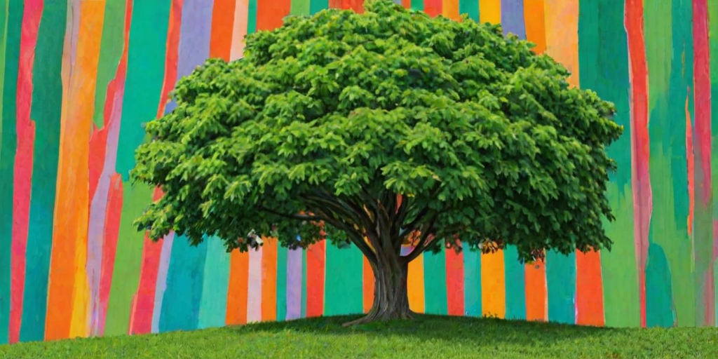 a large, lush green tree with thick foliage set against a colorful abstract background with horizontal stripes