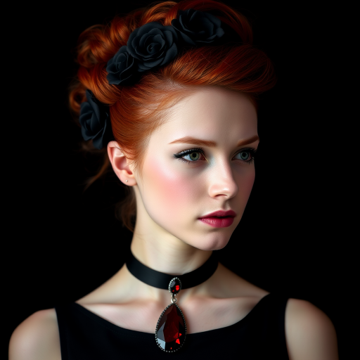 A young woman with bright red hair styled in a voluminous updo adorned with black floral accents, wearing a black choker with a large red gemstone pendant, looks off to the side with a slightly pensive expression, her face softly lit against a dark background.  The image is composed as a portrait, shot from a close-up perspective, with the subject filling most of the frame.  The woman's skin appears fair and flawless, with a subtle glow.  The overall atmosphere is elegant and slightly dramatic.