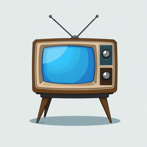 Create an illustration of a vintage television set with a blue screen, standing on tapered legs, featuring two dials labeled VHF and UHF, with antennas on top, using a DSLR camera with a focal length of 50mm, aperture set to f/2.8, shot from eye level, with a soft focus background to enhance the subject.