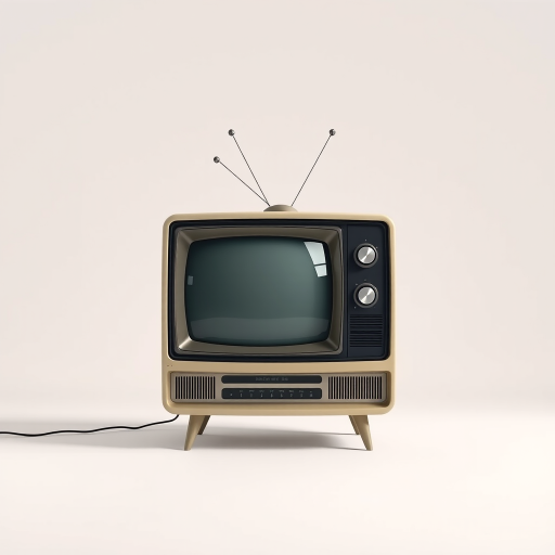 Create a high-resolution image of a vintage television set with a clean, minimalist background using a DSLR camera, aperture set to f/4, ISO 100, shutter speed 1/125s, shot from a slightly elevated angle with a 50mm lens for sharp detail and vibrant colors.