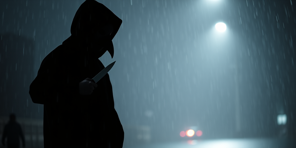 Create a silhouette of a figure in a raincoat with a beaked mask, holding a knife, standing in the rain, in a minimalist style, shot with a Canon EOS R5, 50mm f/1.2 lens, aperture f/2.8, ISO 100, 1/125 sec shutter speed, side view perspective, high saturation and contrast for a dramatic effect.